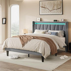 Allewie Full Size LED Bed Frame with Charging Station, Velvet Upholstered Platform Bed with Geometric Wingback Headboard, Modern Frame with No Box Spring Needed, Easy Assembly, Grey