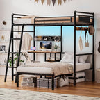 Bunk Bed Twin Over Twin, Industrial Heavy Duty Metal Bed with LED Lights & Charging Sation, bunk beds for Kids, School, Bedroom, Safety Guardrail and Ladder
