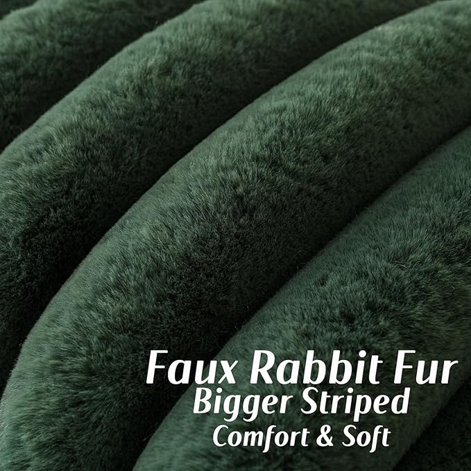 FUTEI Christmas Dark Green Decorative Throw Pillow Covers 12x20 Inch Set of 2, Square Soft Faux Rabbit Fur Thick Striped Lumbar Pillow Case,Winter Home Decor for Couch Bed Living Room