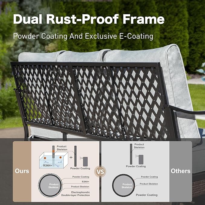 6 Piece Metal Outdoor Patio Furniture Set, Patio Conversation Set with 1 3-Seater and 2 Fixed Sofas, 2 Rocking Sofas with 5.75" Cushion & Coffee Table, Black and Light Gray