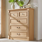 5 Drawers Dresser for Bedroom, Farmhouse 46" Tall Dressers & Chests of Drawers w/Roman Column, Wood Rustic Closet Dresser w/Two Different Drawer Sizes for Bedroom, Living Room, Natrual