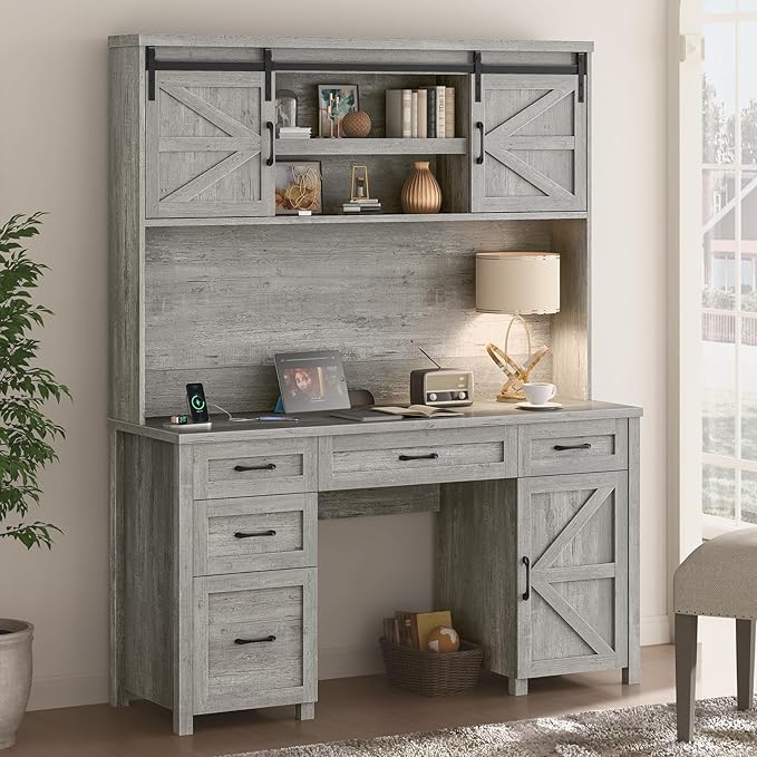 Farmhouse 67''H Executive Desk with Hutch & 5 Drawers, Rustic Office Desks Computer Desks with Charging Station, File Drawers and Storage Cabinets, Wood Workspace for Home Office & Study.(Grey)
