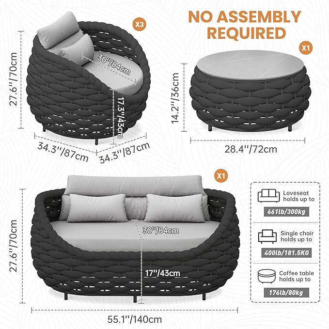 Fully Assembled Patio Furniture Set: 5 Pieces Woven Rope Outdoor Conversation Set Cushioned - Modern Metal Deck Loveseat Chair Table Set - Porch Seating for Courtyard Garden Pool Balcony Hotel