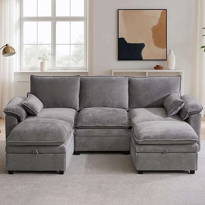 100" L Shaped Modular Sectional Sofa, Couch with Ottoman Storage, Chenille Cloud Couch with Plush Deep Seating for Living Room, Bedroom (Light Grey, 4 Seat)