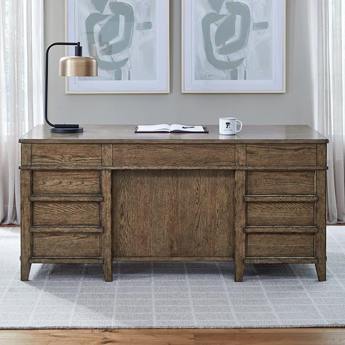 Liberty Furniture Carolina Park Jr Executive Desk with Keyboard Tray, Locking File Storage for Home Office- Amber Brown Oak Wood