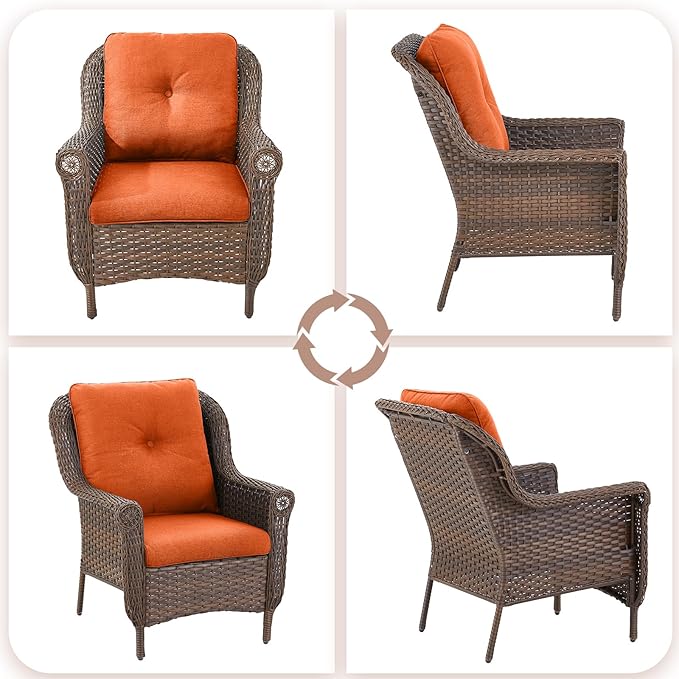 Patio Wicker Chairs Outdoor Furniture Chair - Set of 2 Outside All Weather Lawn Dining Brown Rattan Armchair with High Back&Deep Seating for Deck Porch Balcony Backyard Garden - Orange