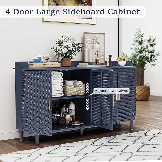 ORRD 4 Doors Storage Cabinet, 2 Tier Wooden Storage Organizer Cabinet with Adjustable Shelf, Sideboard Buffet Cabinets with Iron Curved Doors Accent Shoe Rack for Entryway Hallway Living Room (Blue)