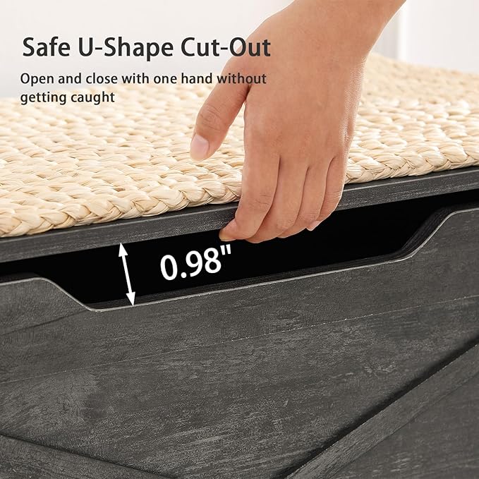 VECELO 43.3" Storage Bench, Entryway Shoe Ottoman, Farmhouse Style Bench with Handwoven Cushion and Metal Safety Hinges, for Bedroom, Living Room, Entryway, Gray