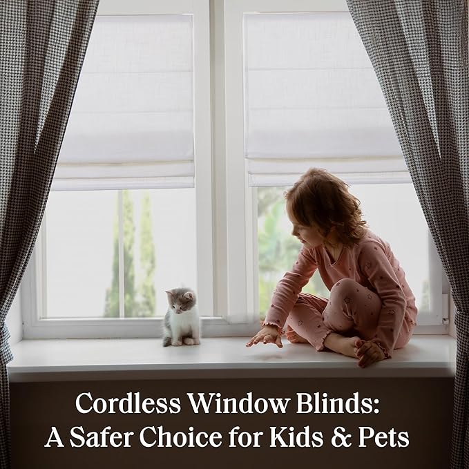 Madison Park Kyler Cordless Roman Shades - Single Panel, Lightweight Linen Blend Fabric, Natural Design, Easy Installation, Light Filtering Window Blind, Bedroom, Living Room Decor 31"W x 64"H White
