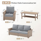 Patio Furniture Set 6 pcs, Wicker Rattan Outdoor Furniture with 5.5” Thick Cushions, 3-Seat Sofa, 4 Chairs and Coffee Table, Outdoor Conversation Set for Garden Backyard Deck, 7 Seats Grey