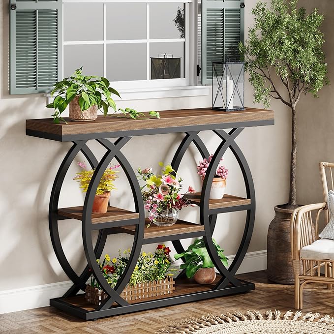 Tribesigns 39.4" Console Table, Industrial 4-Tier Sofa Table Entryway Table with Storage Shelves, Narrow Wood Accent Tables with Metal Frame for Small Spaces, Hallway, Foyer, Rustic Brown