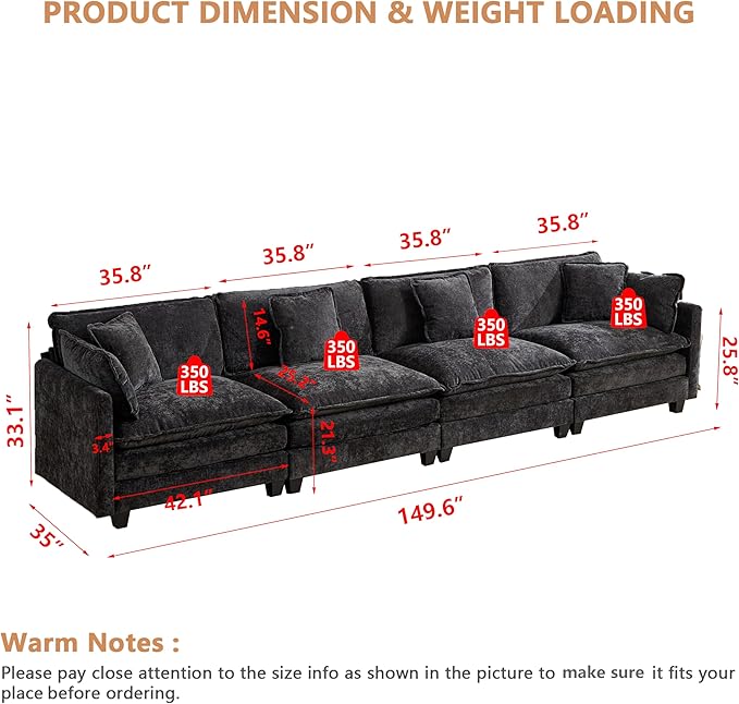 Aoowow Modular Sectional 4 Seater Cloud Sofa Couch for Living Room,149.6" Cloud Sofas with Deep Seat,Modern Chenille 4 Seat Sofas,Fluffy Cloud Couches for Bedroom,Office,Hotel (Black, 4 Seater)