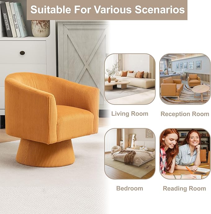 Swivel Accent Chair Set of 2, Modern 360° Swivel Barrel Chair, Corduroy Upholstered Single Sofa for Living Room, Bedroom(Mustard)
