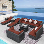 NICESOUL 13 Piece Outside Patio Set with Fire Pit Table, Non-Fading All Weather Deck Furniture Sets with Sun Loungers, Comfy Big Exterior Seat 10-Seater for Garden, Grey Wicker & Burgundy Cushion