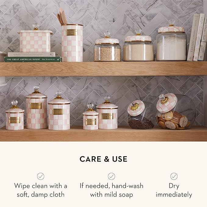 MACKENZIE-CHILDS Rosy Check Enamel Canister, Pink-and-White Kitchen Storage Container with Lid, Mini
