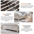 T4TREAM Farmhouse Queen Size Bed Frame w/Storage Bookcase Headboard, Sliding Barn Door, Charging Station, Rustic Wood Platform Bed w/Wood Slats Support, No Box Spring Needed, Antique Brush White