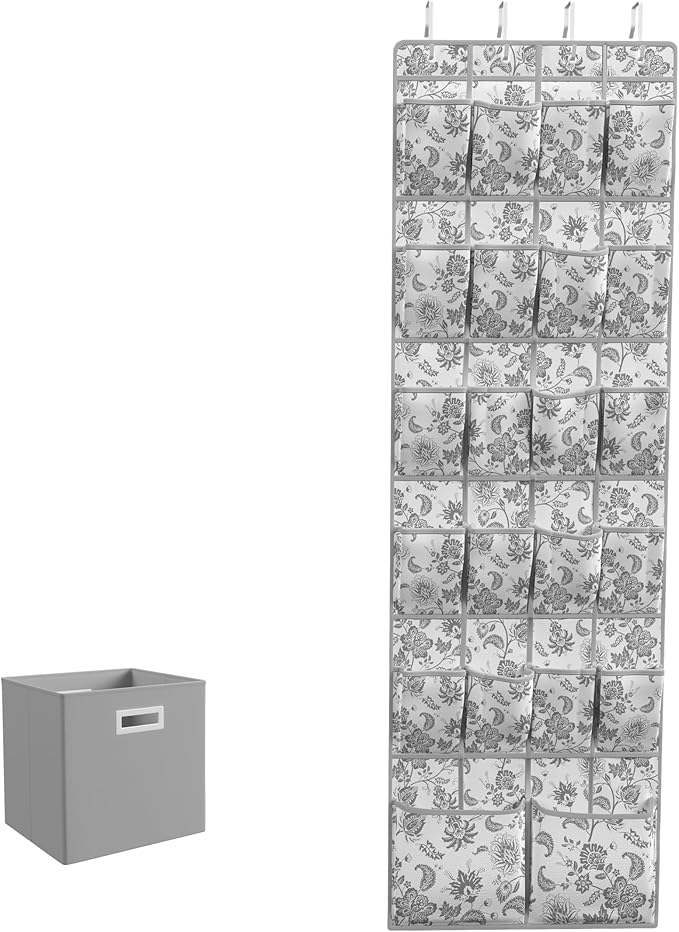 Martha Stewart Essential Closet Home Storage and Organization for Storing Shoes and Accessories, 22 Pocket Over The Door Hanging Organizer with Grey Craft Cube, Bedford Floral