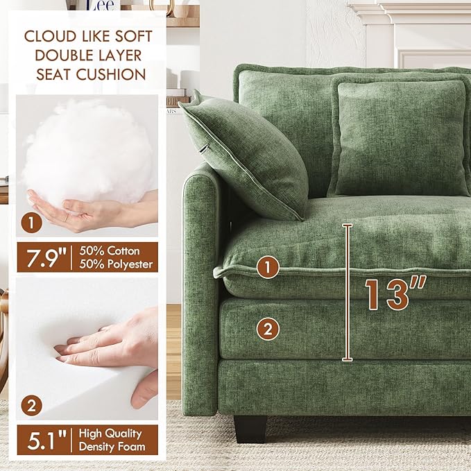 WorthFurni 146” Oversized Modular Sectional Sofa, U Shaped Cloud Couch Set, 4-Seater Comfy Chenille Couches with 2 Movable Ottomans, DIY Combination for Living Room (Green)