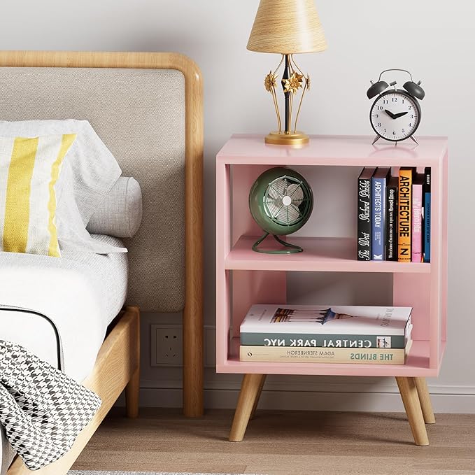 Night Stand, Pink Kids Nightstand, Modern End Table with Open Storage, 2-Tier Nursery Bedside Table for Small Space, Living Room, Bedroom