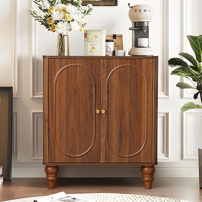 ORRD Fluted Storage Cabinet, Modern Credenza Wooden Accent Sideboard Buffet Cabinet with Adjustable Shelves and Solid Wood Legs, Console Table for Kitchen Dining Living Room Entryway, Walnut