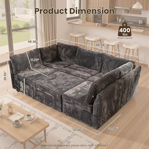 130'' Modern Modular Sectional Sofa with Movable Ottoman,5 Seats Cloud Comfort Corduroy Fluffy Couch,L Shaped Convertible Sofa Couch for Living Room,Grey