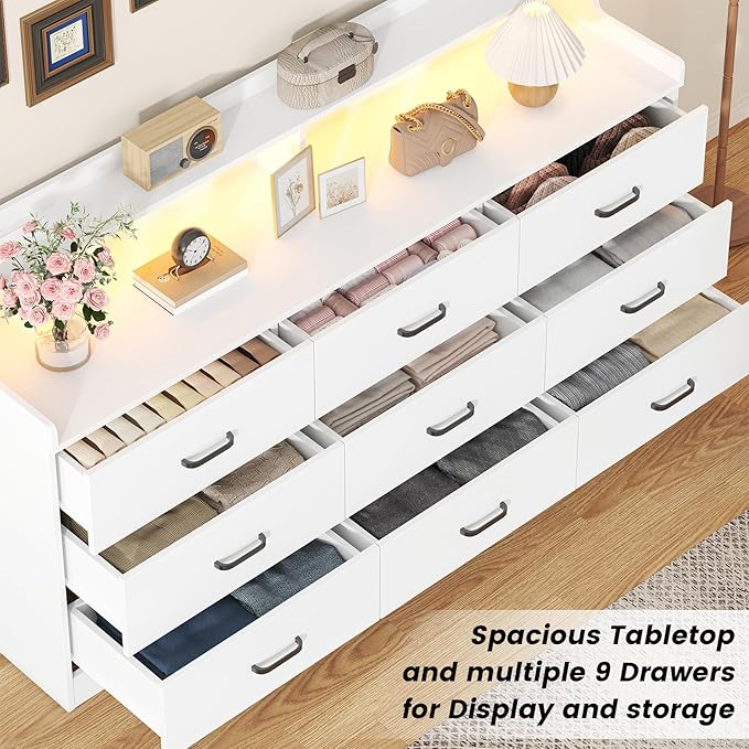 Bigbiglife 9 Drawer Dresser with Built in Power Outlet and LED Light, Modern Chest of Drawers for Bedroom, Triple Wide Drawer Organizer Cabinet for Living Room, Entryway, Hallway, Antique White
