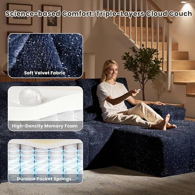114" Glitter Cloud Sectional Couch with L-Shape Chaise & Ottoman, Modern Boneless Couches for Living Room, Fluffy Tufted Deep Seat Modular Sofa No Assembly (Blue Sparkly Velvet,Right Facing)