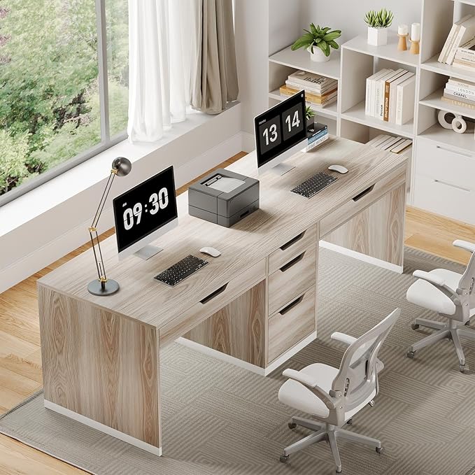 Two Person Desk with 5 Drawers, Double Desk with Storage for 2 People, 78 Inch Extra Long Computer Desk Workstation with File Drawer for Home Office, White and Walnut