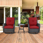 HUMMUH 3-Piece Swivel Rocking Rattan Chair Outdoor, Patio Bistro Furniture Conversation Set, Cushioned Wicker Chair with Glass Coffee Table