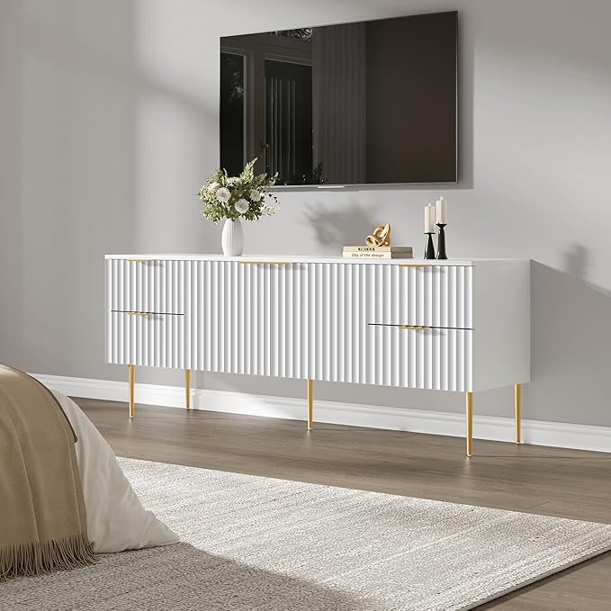 SICOTAS TV Stand for 55/60/65/70 Inch TV - 62 Inch TV Stands for Living Room Entertainment Center with 4 Drawers, Fluted Modern TV Media Console Television Cabinet for Bedroom (White,1 Piece)
