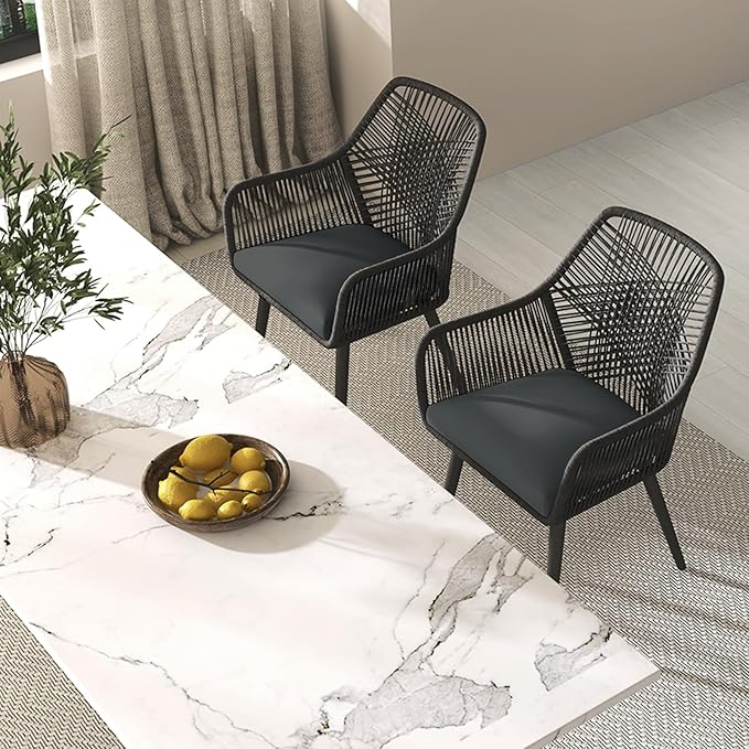 JOIVI Outdoor Dining Chairs Set of 2, 2 Pieces Woven Rope Patio Chairs with Armrest and Seat Cushions for Outside Porch, Balcony or Indoor Kitchen, Restaurant, Gray