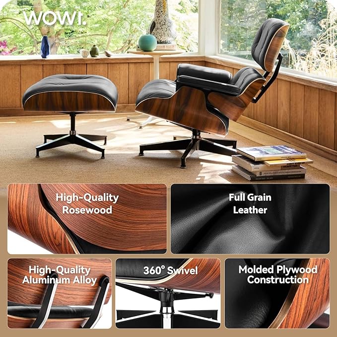 Top Black Grain Leather, Mid Century Chaise Lounge Chair and Ottoman, Modern Chair Classic Design, Palisander Wood, Heavy Duty Base Support for Living Room Office Study