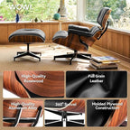 Top Black Grain Leather, Mid Century Chaise Lounge Chair and Ottoman, Modern Chair Classic Design, Palisander Wood, Heavy Duty Base Support for Living Room Office Study