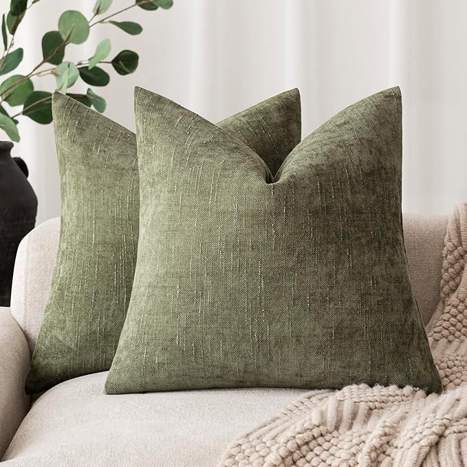 Foindtower Pack of 2 Soft Textured Chenille Throw Decorative Pillow Covers Square Accent Solid Cushion Cover Cozy Neutral Farmhouse Pillow Case for Couch Sofa Bedroom Living Room 20x20 Inch,Dark Green