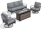 PHI VILLA Patio Furniture Set with 56" Fire Pit Table, Premium Outdoor Wicker Metal Frame Furniture with Upgraded Waterproof Thick Cushions for Porch, Poolside, Deck, and Yard （4 Pieces, Grey