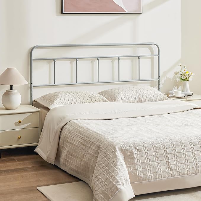Metal King Size Headboard Only, Sturdy and Durable Iron King Headboard Adjustable Height from 34” to 44”, Victorian Vintage Bed Headboards, Farmhouse Head Board, Bed Frame Mount Grey