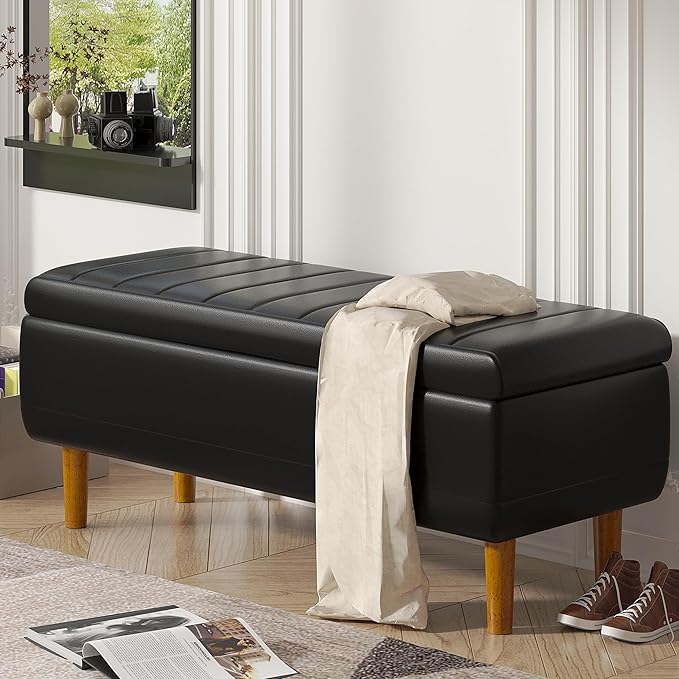 VECELO 44.5" Storage Ottoman Bench, End of Bed Bench with 2 Machined Gas Spring Lid Supports, PU Leather Upholstery & Solid Wood Legs for Living Room, Bedroom, Entryway, Modern Black