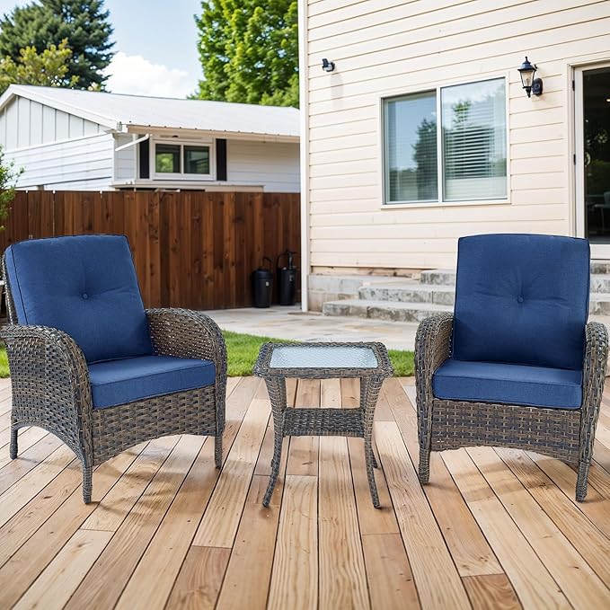 HUMMUH 3 Pieces Patio Furniture Set Outdoor Wicker Bistro Rattan Chairs with Glass Top Side Table and Thickened Cushions for Porch Deck Backyard Poolside