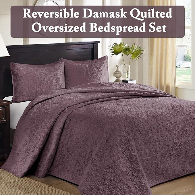 Madison Park Quebec Reversible Damask Design, Double Sided Quilting All Season, Lightweight Coverlet Bedspread Bedding Set, Matching Shams, Queen(102"x118"), Purple