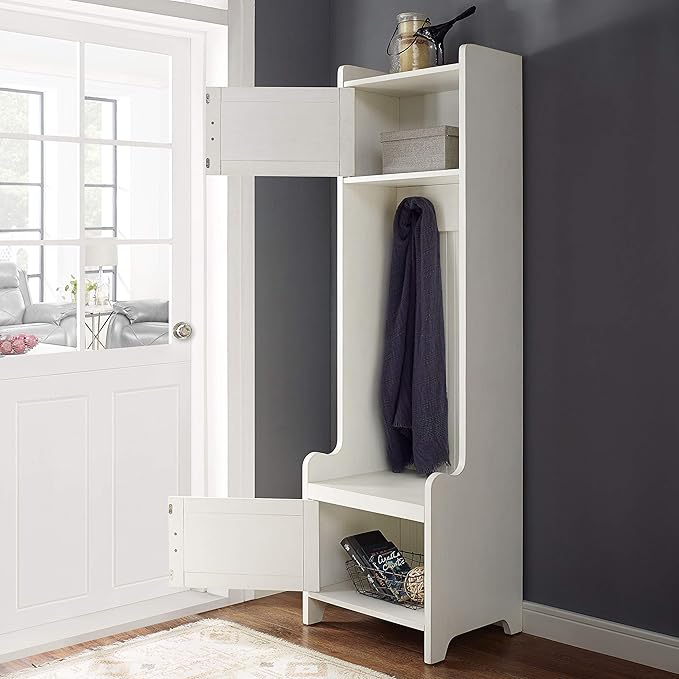Crosley Furniture Fremont Hall Tree with Storage Cabinets and Coat Rack Hooks for Hanging, Distressed White