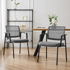 DUMOS Grey Stackable Arm Chairs with Mesh Back and Upholstered Fabric, Sturdy Metal Frame, Easy to Store and Use, Perfect for Indoor and Outdoor Spaces, 2 Chair