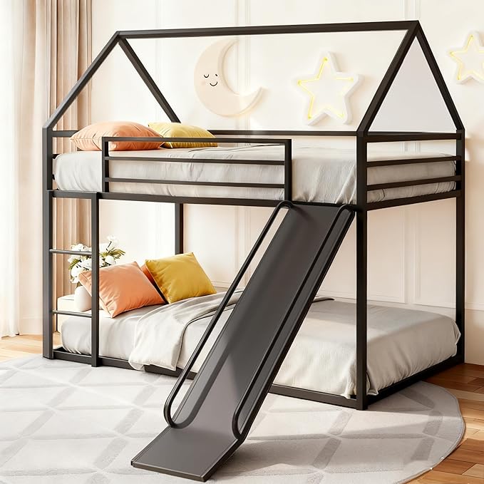 Bunk Bed with Slide for Kids,Bunk Bed Twin Over Twin, Metal Junior House Low Bunk Bed, Toddler Floor Bunk Beds Frame with Guardrail for Kids, Convertible Slide and Ladder Noise Free(New Black)
