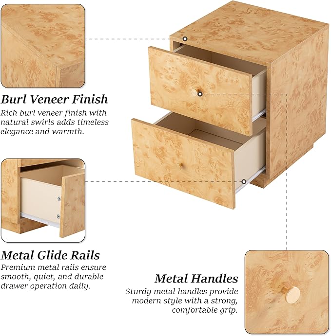 Modern 2 Drawer Nightstand Set of 2 with Elegant Burl Finish, Wood Bedside Table with Storage, Stylish Accent Side Table for Bedroom, Home Décor and Small Space Furniture