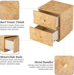 Modern 2 Drawer Nightstand with Elegant Burl Finish, Wood Bedside Table with Storage, Stylish Accent Side Table for Bedroom, Home Décor and Small Space Furniture