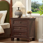 Farmhouse Nightstand with 3 Drawers, Rustic Couch End Table with 4 Square Solid Wood Legs, Mid-Century Modern Bed Side Table with Storage, Small Dresser for Bedroom, Living Room, Walnut