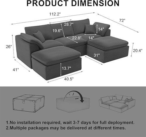 112" Cloud Sectional Couch, Boneless Couches for Living Room, U Shaped Couch with Convertible Ottoman, Modular Sectional Sofa with Deep Seat, Comfy Soft Cushions, No Assembly, Gray