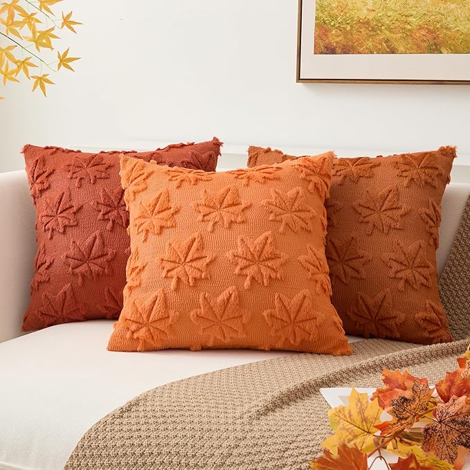 Kevin Textile Maple Leaf Pillow Covers 18x18 Inch Set of 2 Fallen Leaves Embroidery Decor Soft Plush Faux Fur Throw Pillows Pillowcases for Holiday Harvest Decor Sofa Couch Bedroom, Orange
