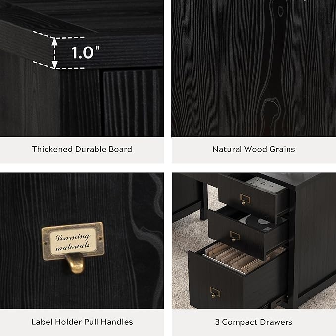 59" Executive Desk with File Drawers Cabinet, Modern Computer Desk with Charging Station, Keyboard Tray, Large Home Office Desk, Farmhouse Wood Desk for Study, Writing, Black