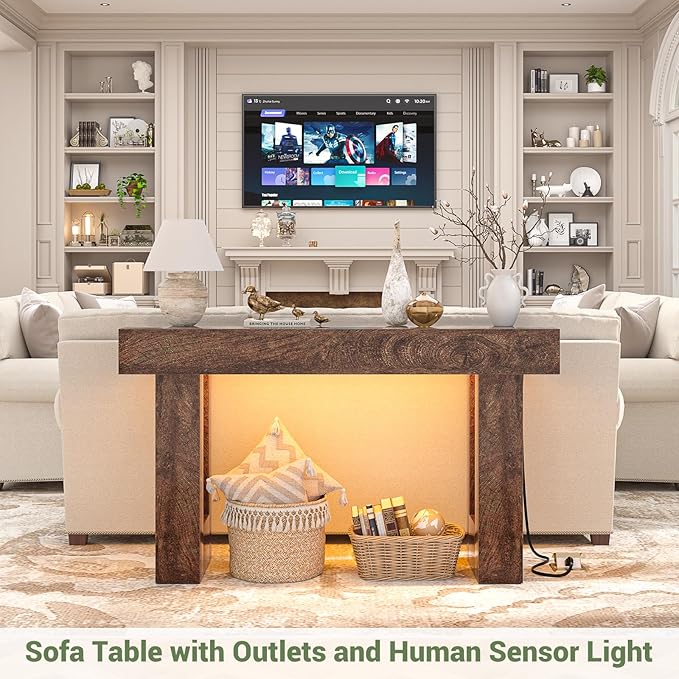 Unikito 47" Entryway Table with Socket and Sensor Light, Narrow Console Table with Storage Behind Couch, Farmhouse Entry Way Tables with Open Storage for Entrance/Hallway/Living Room, Rustic Oak