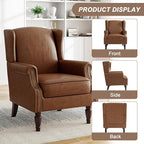 Pia Ricco High Back Floral Accent Chair - Retro Wingback Upholstered Armchair in Faux Leather, Nailhead Trim & Solid Wood Legs for Living Room Bedroom Reading Chair（Brown